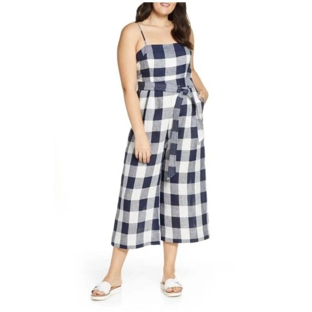 J. Crew 00 gingham beauchamps 100% linen strappy jumpsuit, wide leg, tie-waist